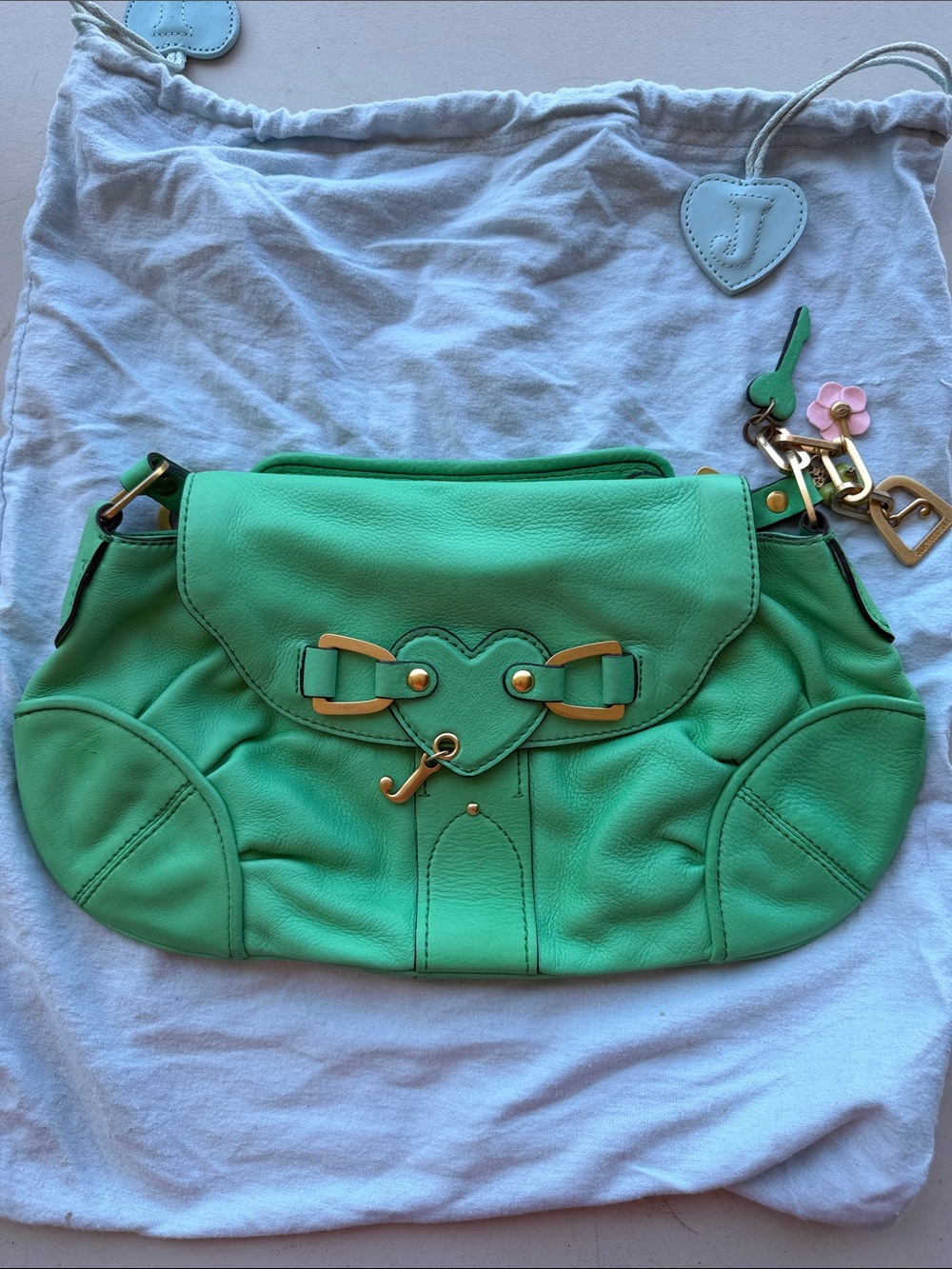 Juicy Couture Mint Green Pebbled Leather Shoulder Bag with Heart Accent